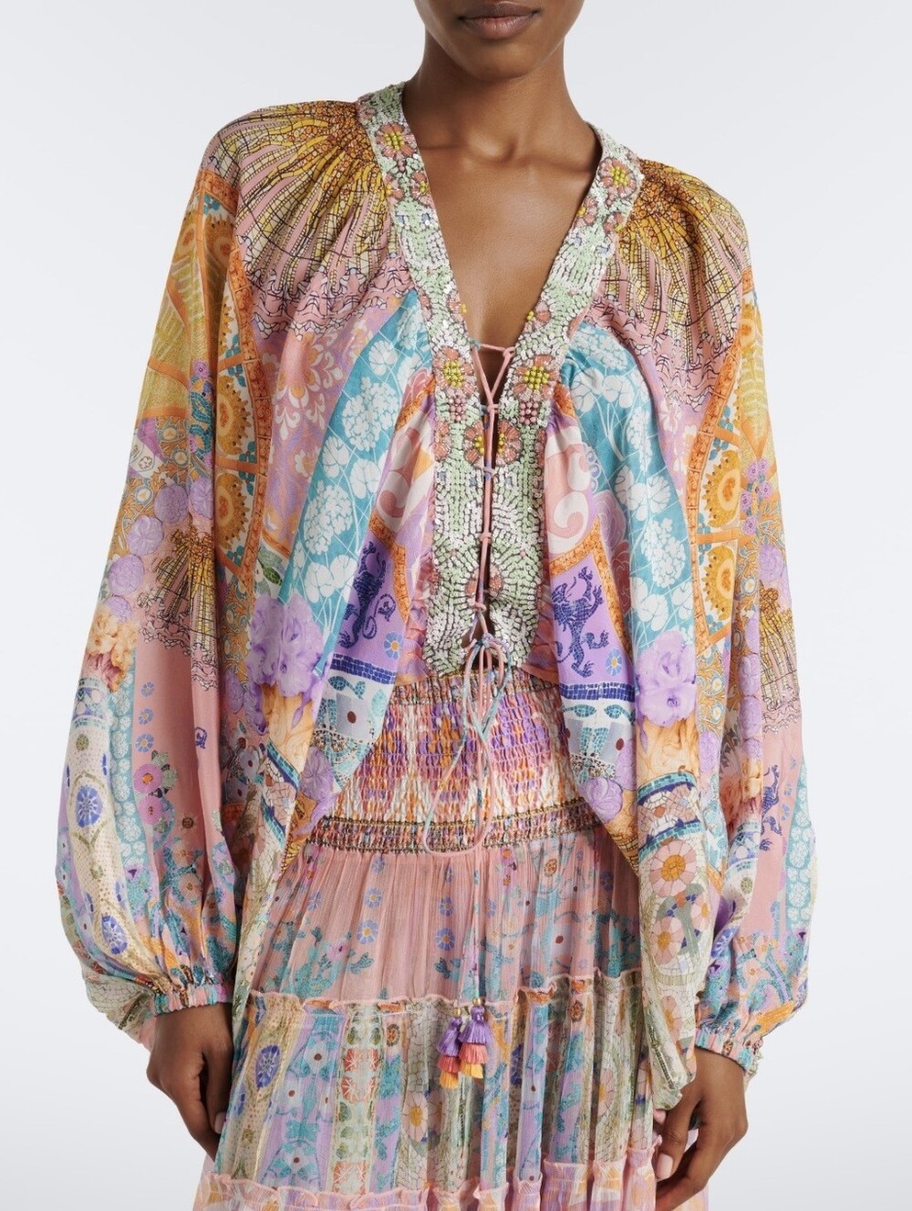 Camilla Embellished lace-up silk blouse